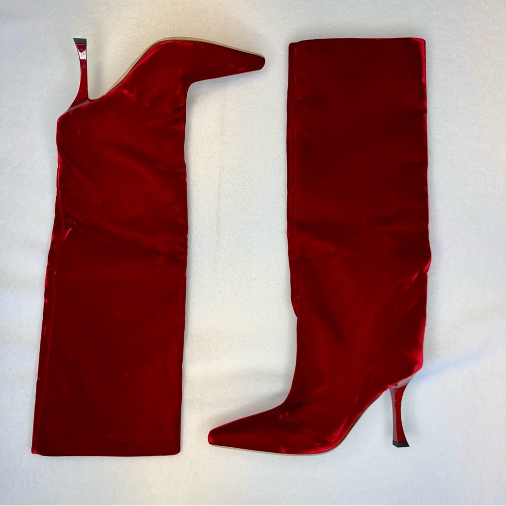 Jimmy Choo 90 Red Chad Heeled Velvet Knee High Square Toe Boot size IT 36